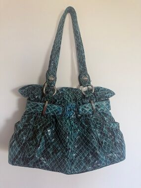 Kathy Van Zeeland Teal Snakeskin Shoulder Bag Y2K Croc Embossed Purse